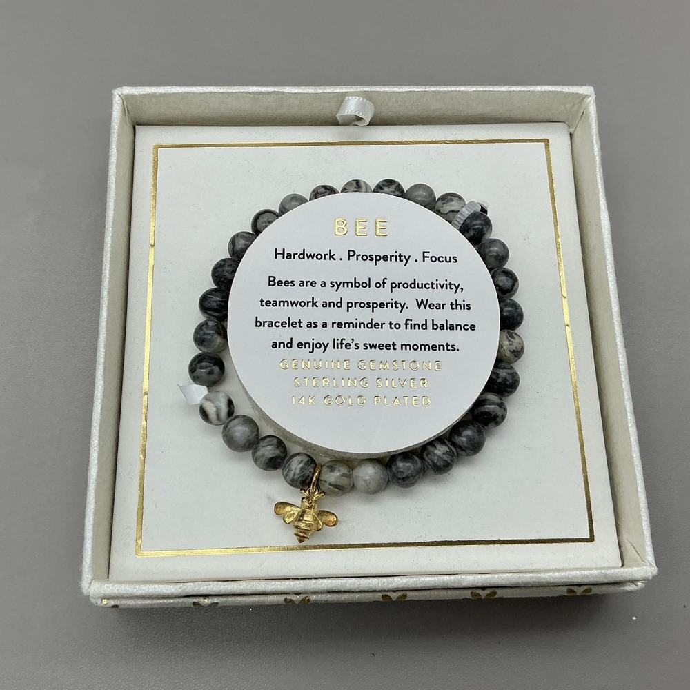 Shivam Bracelet Gray Gemstone‎ Beaded Bee Charm 14K Gold Plated Stretch Womens